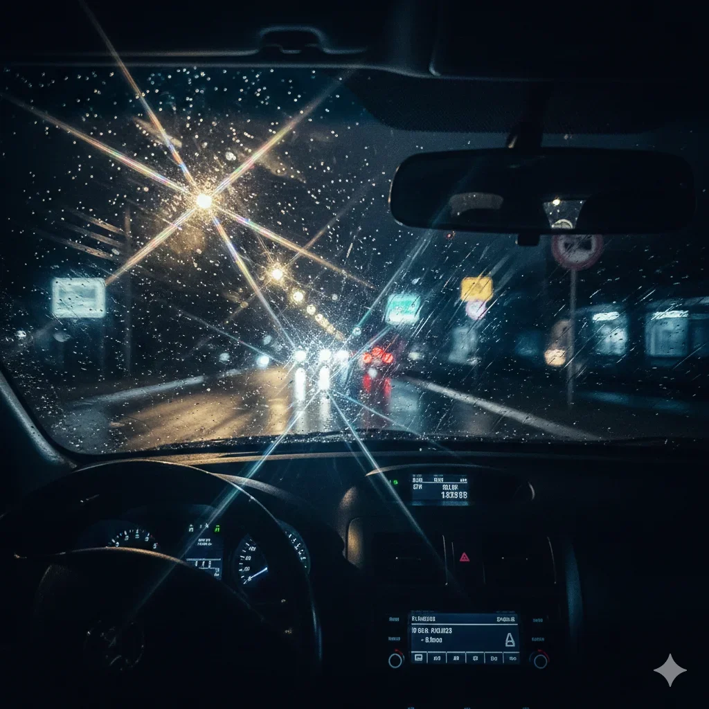 Felle koplampen van tegenliggers op een natte weg in het donker, gezien vanuit de auto