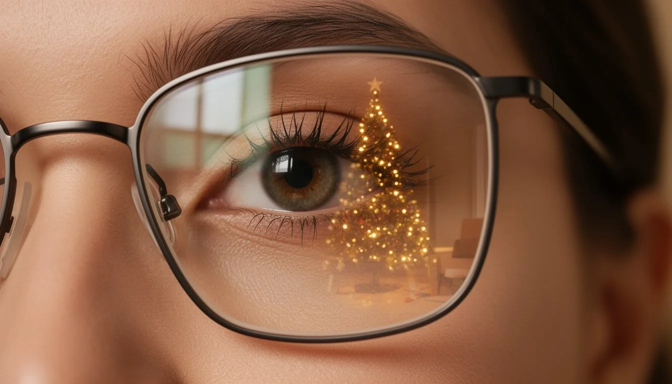 Zorgvergoeding voor je bril, voor het einde van het jaar Close-up van een oog achter een bril, met een kerstboom die weerspiegelt in het glas